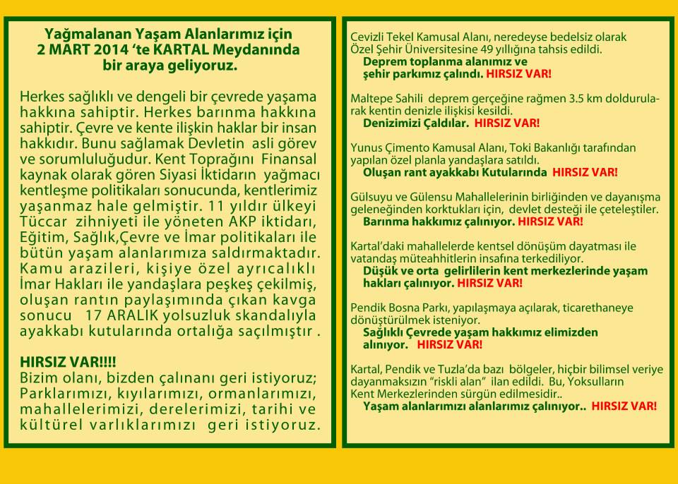 Yaşam alanlarımızın yağmalanmasına karşı 2 Mart’ta Kartal Meydanı’ndayız