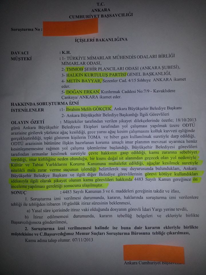 Suç duyurumuz üzerine Ankara Cumhuriyet Başsavcılığı M. Gökçek hakkında soruşturma izni talep etti